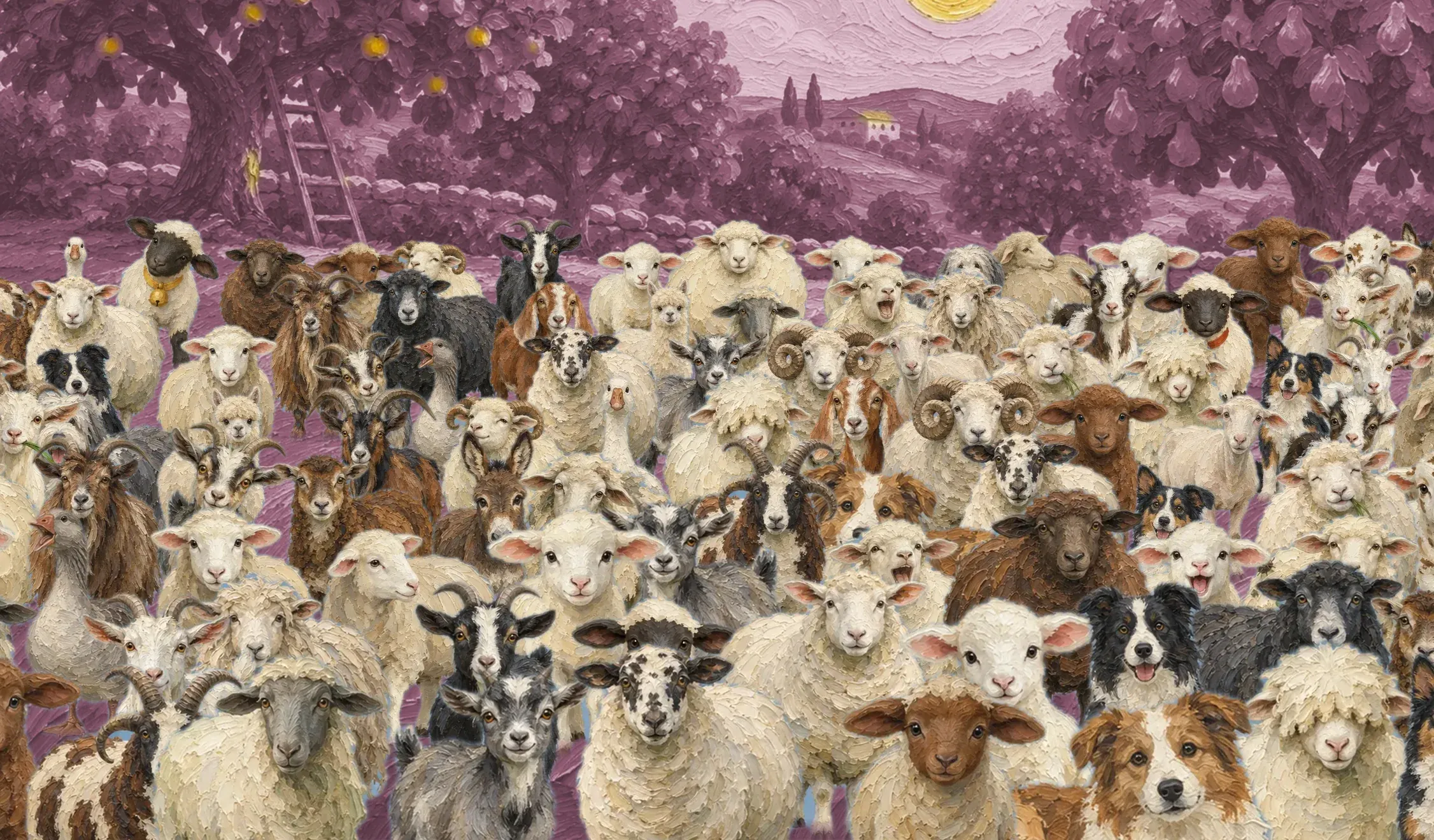 A screenshot of the game: a painted meadow packed with sheep, goats and sheepdogs, the lost lamb somewhere among them.