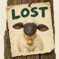 A painted notice nailed to a fence post: LOST, over a portrait of a black-faced lamb with a yellow bell.