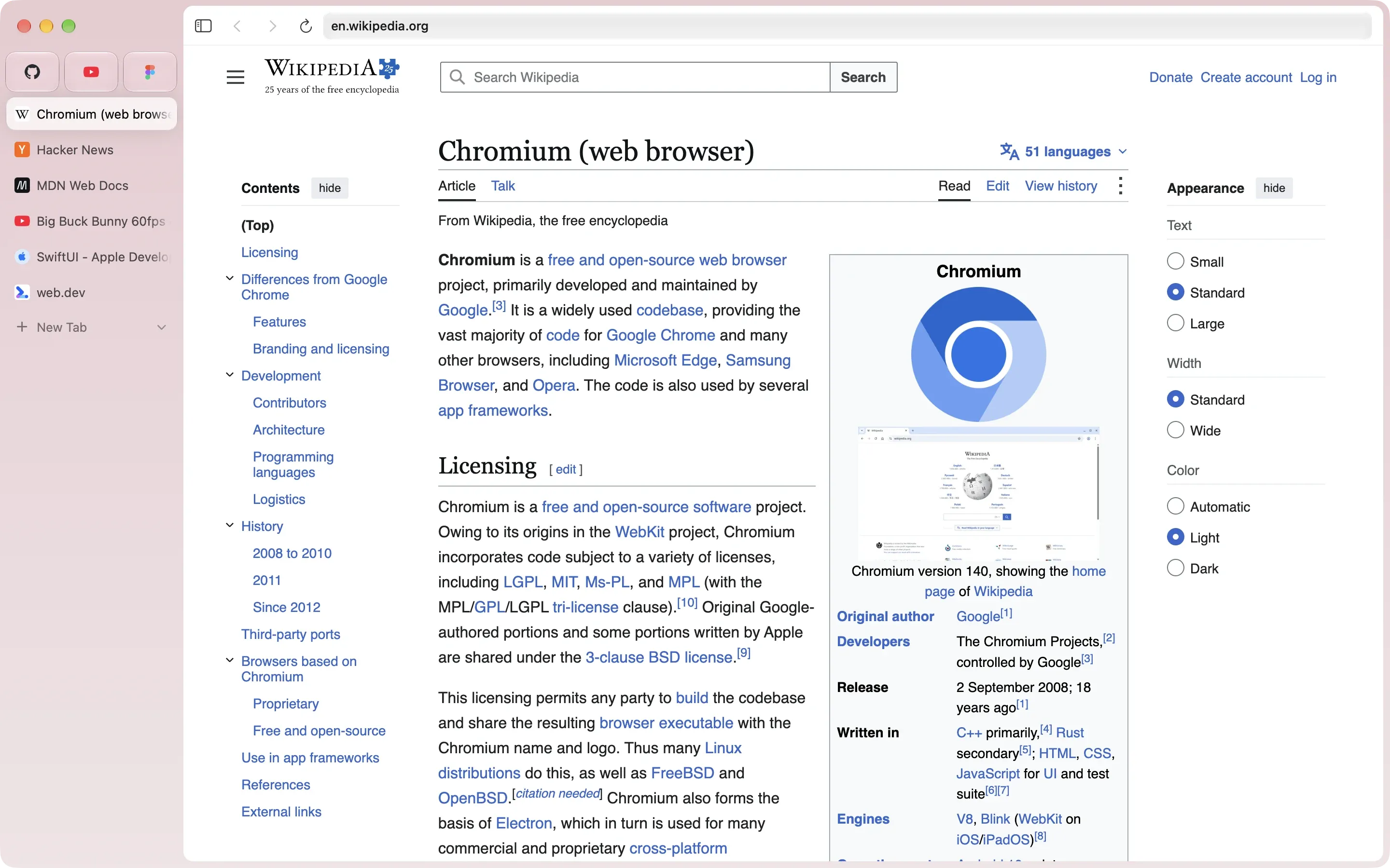The Netnyahoo window in light mode: three pinned tiles and six tabs in the sidebar, Wikipedia’s article on Chromium open on the right.